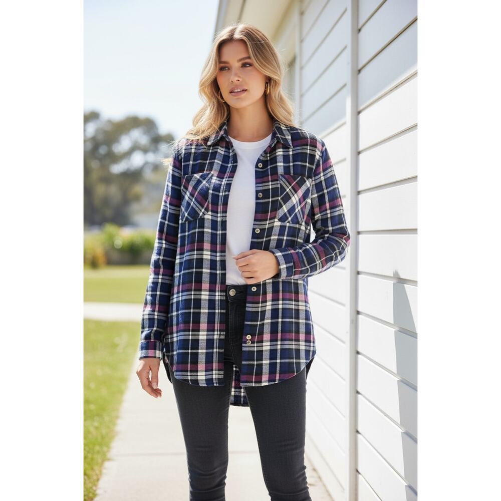 Jachs Girlfriend Plaid Flannel Shirt Medium Blue Pink White Button Front